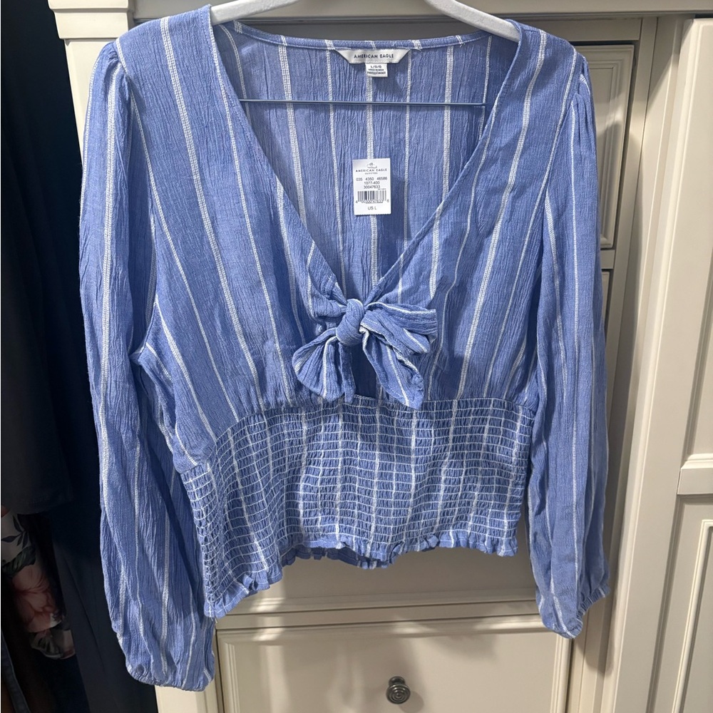 American Eagle Outfitters Blue and White Striped Tie-Front Smocked Waist Top